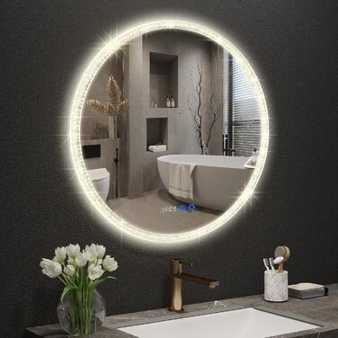 Дзеркало для ванної кімнати YOURLITE з підсвічуванням, діаметр 60 см, LED, 3 кольори, регулювання яскравості, сенсорна кнопка, антизапар, пам'ять, IP44, срібний