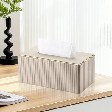Склянка для серветок KINGFOM з золотим краєм, з PU шкіри, для вітальні, ванної кімнати та офісу (Бежева, прямокутна)