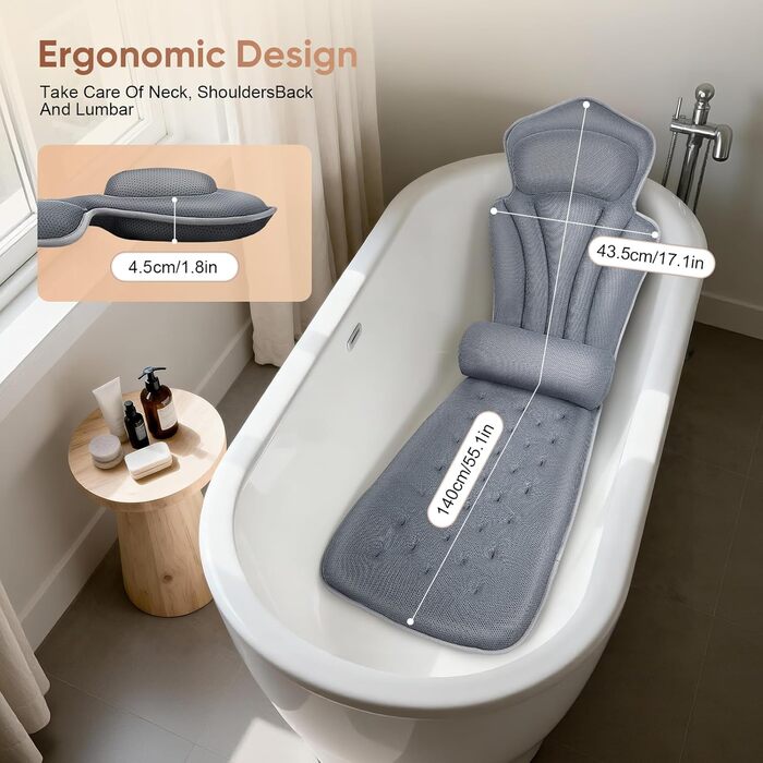 Подушка для ванни з підтримкою попереку, 144 присоски, 4D м'яка, з підголовником та додатковою подушкою, 133x41 см, сіра. З миючим мішком.