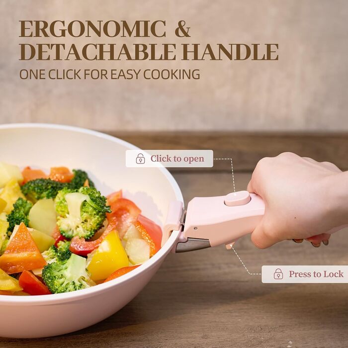 Набір каструль та сковорідок 23 частини з антипригарним покриттям. Керамічний набір посуду з знімними ручками, сумісний з усіма типами плит та духовкою. Без PFAS, PTFE, PFOA. Кремово-білий колір.