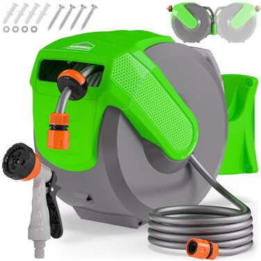 Шланговий барабан Gardebruk® 20м + 2м з кріпленням для стіни, 1/2', для саду, багатофункціональна ручна лійка, система подачі та намотування шланга