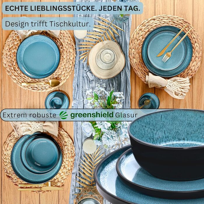 Набір посуду SÄNGER Vigo Kombiservice 30 тг. для 6 осіб: тарілки, чашки, паста, стелінг. Блакитний посуд з чорним обідком. Мікрохвильовка, посудомийна машина, стійкий до подряпин.