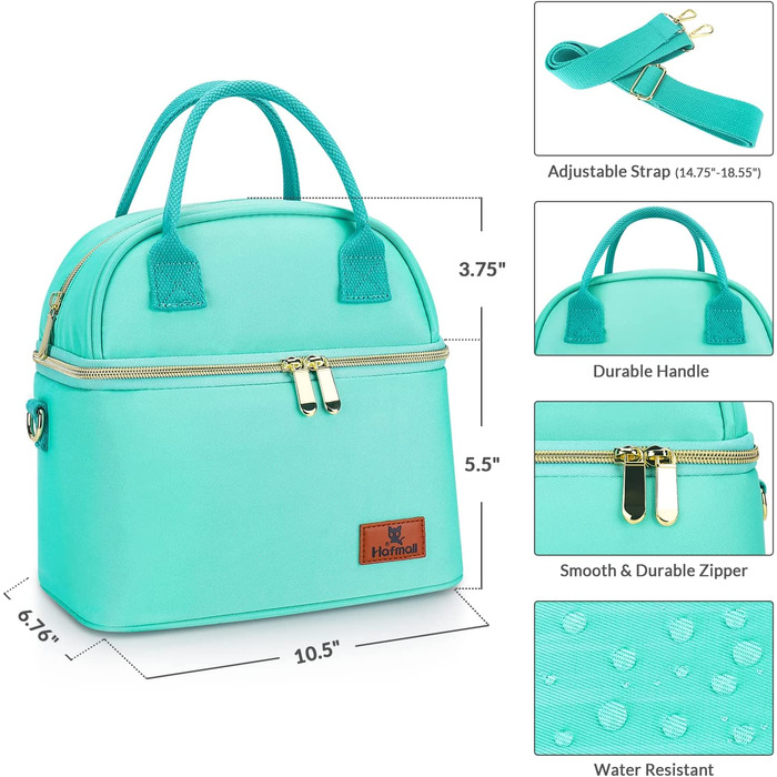 Двошарові ізольовані сумки для ланчу, сумка-холодильник об'ємом 9 л для жінок, сумка-холодильник з регульованим плечовим ременем, Термальна сумка для роботи в школі (Тіффані-синя)