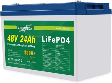 Літій-залізо-фосфатна батарея AFTERTECH 48V 24Ah Lifepo4, акумуляторна, 3000 циклів, 51,2 В 1228 Втгод