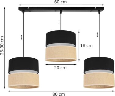 Підвісний світильник Light-Home Juta - Стельовий світильник - Металевий підвісний світильник з тканинним абажуром - E27 - Класичний 3-Light 20 см - Чорний П'єдестал - Чорний Джут Чорний Основа - 3-Light
