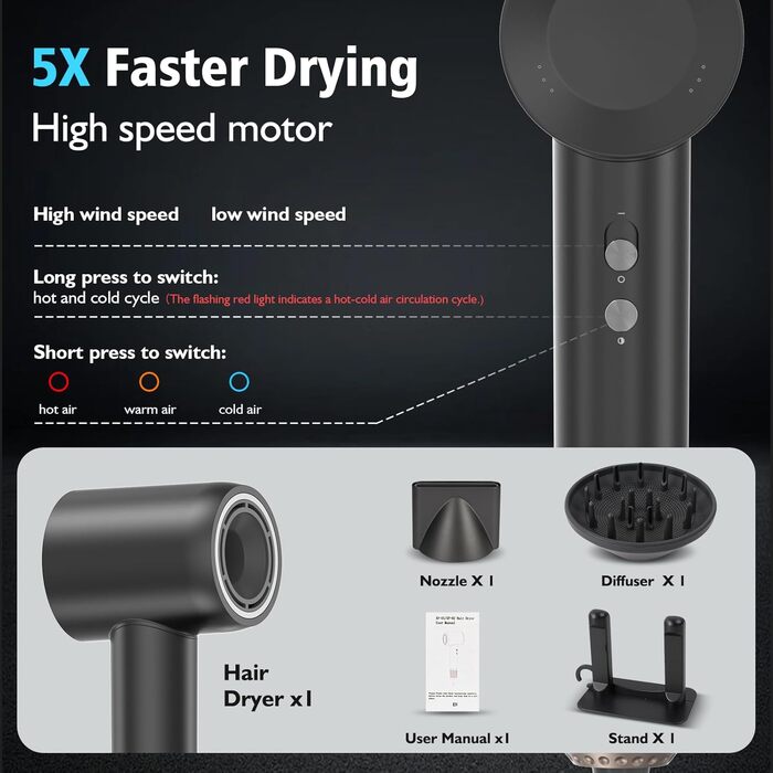 Професійний фен для волосся з високошвидкісним двигуном 160 000 об/хв, іонізацією 300 млн негативних іонів, 4 температурних режимах та 2 швидкостях, з дифузором та концентратором, чорний