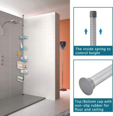 Телескопічна душова полиця HOUHA, металева кутова з 4 кошиками, регулювання висоти 73-302см, срібло