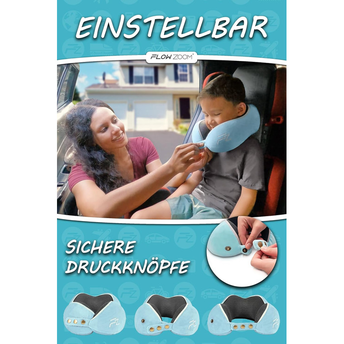 Подушка для шиї FlowZoom Comfy - для автомобіля та літака, з Memory Foam, регульована, 360° підтримка, дихаючий чохол, чорна (також є блакитна модель Comfy Kids S)