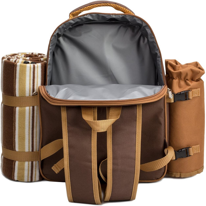 Рюкзак для пікніка на 2 людини, рюкзак для пікніка, сумка-холодильник з набором посуду і ковдрою (коричневий-4)