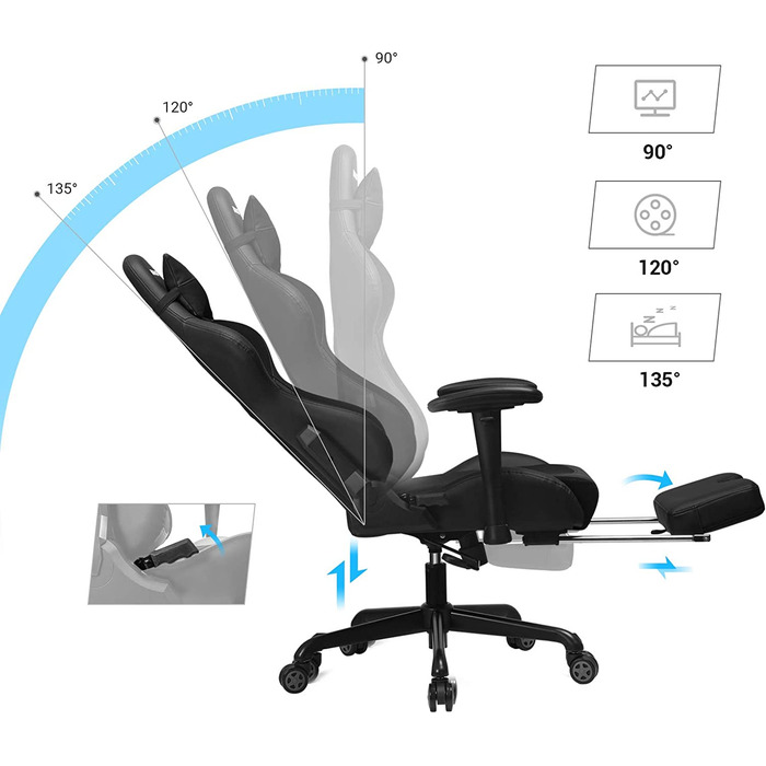 Ігрове крісло SONGMICS з підставкою для ніг, 150 кг, офісне крісло, робоче крісло, пов'язка на стегнах, подушка, висока спинка, ергономічна, сталева, зі штучної шкіри, дихаюча сітка, чорний RCG52BK