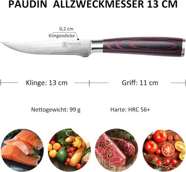 Набір кухонних ножів Paudin 7 предметів з дерев'яним блоком: 5 професійних ножів, кухонні ножі з нержавіючої сталі, червоні ножі, ножиці, ергономічні ручки