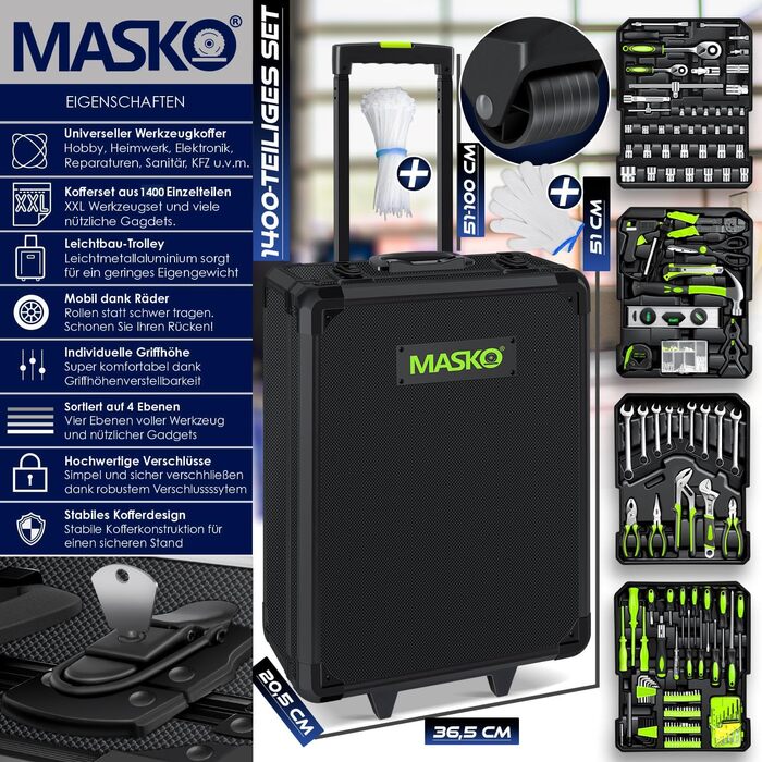 Набір інструментів MASKO 1400 предметів в алюмінієвому кейсі на колесах: професійний інструментальний візок для дому, майстерні, автосервісу