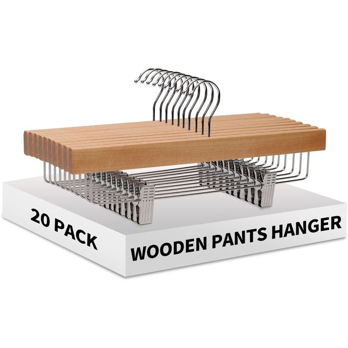 Дерев'яні вішалки для штанів LANSHINE, 20 шт. з антиковзними зажимами, 360° обертання, для штанів, спідниць та піджаків