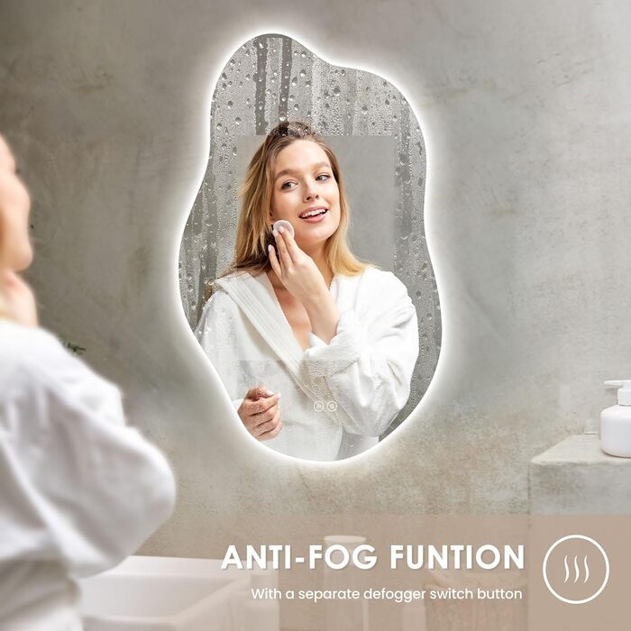 Дзеркало для ванної кімнати Dripex LED з підсвічуванням, сенсорне керування, регулювання яскравості, 3 кольори світла, без запотівання, асиметричне, 85x52 см