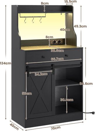 Чорний буфет-шафа з LED-підсвіткою, великою шухлядою та регульованими полицями для кухні, вітальні, їдальні