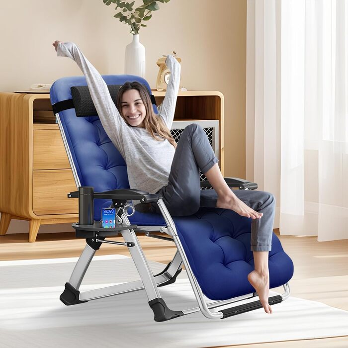 Лежак для відпочинку MOPHOTO Zero Gravity, розкладний, 200 кг, з подушкою та кишенею, для саду, балкону, тераси (Блакитний)