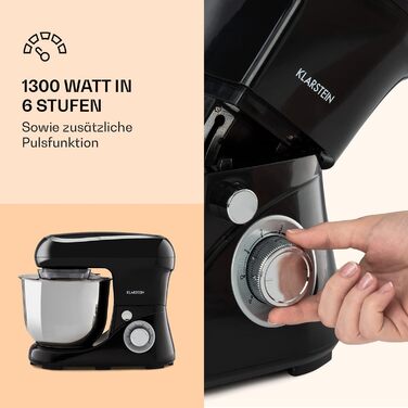 Міксер Klarstein Knetmaschine: потужний кухонний комбайн для випічки, 1300W, 6 швидкостей, 5л чаша, планетарний міксер, для тіста та випічки (чорний)