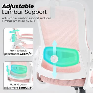 Ергономічне крісло для офісу Fizzin, комп'ютерне крісло з регульованою поперековою підтримкою, дихаюча сітчаста спинка, посилене сидіння, зручне крісло для дому та офісу (рожеве)