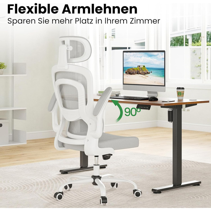 Ергономічне крісло Farini для офісу та дому: регульоване, з підголівником, сіро-біле. Крісло для комп'ютера, керівника, home office.