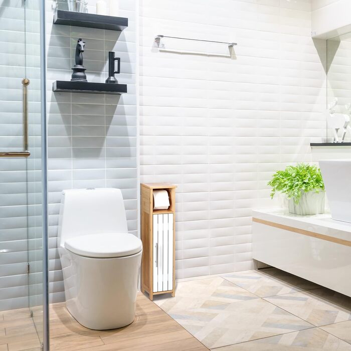 Тримач для туалетного паперу Relaxdays стоячий, полиця для ванної кімнати HBT 718x20 см, МДФ і бамбук, шафа для туалетного паперу, коричневий/білий