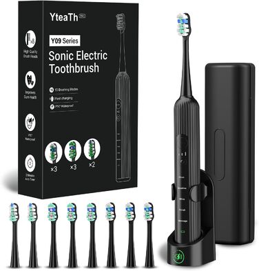 Електрична зубна щітка звукового типу для дорослих та дітей, 5 режимів чищення, 3 інтенсивності, таймер, 8 насадок, чорна, 1 шт.