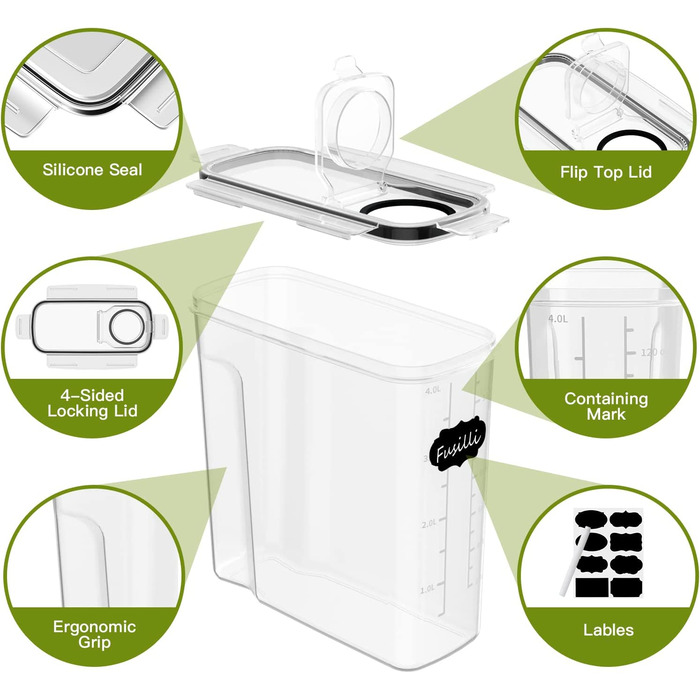 Набір банок для зберігання Withosent 4L, герметичний набір з 4 банок, кухонний ящик для зберігання з пластиковою кришкою, контейнер для зберігання банок з пластівцями для Get