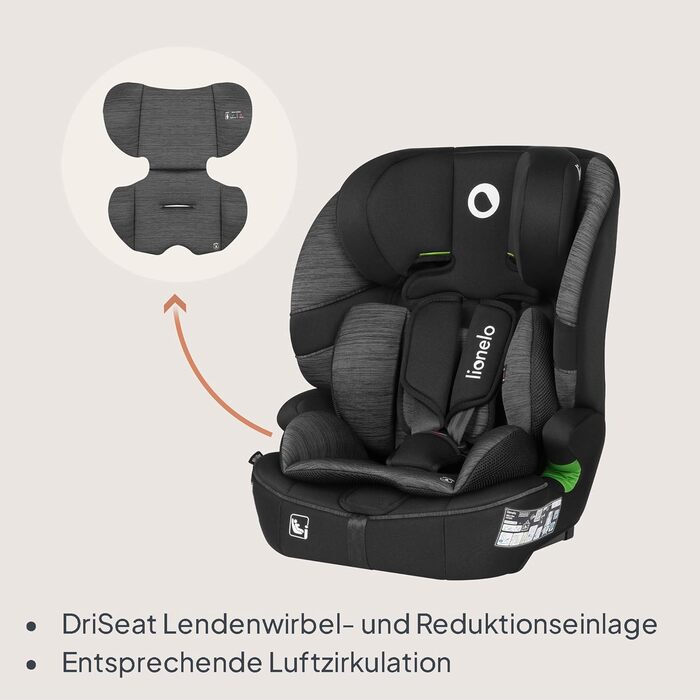 Автокрісло Lionelo Billy i-Size 76-150 см (15 міс - 12 років), ISOFIX, R129, чорно-сіре