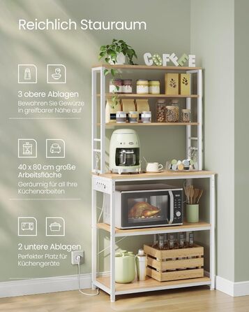 Полична шафа VASAGLE для кухні з розетками, мікрохвильова шафа, 6 полиць, 6 гачків, сталевий каркас, 40 x 80 x 167 см, вінтажний колір, KKS119K06