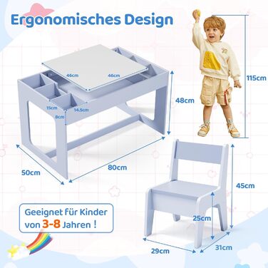 Дитячий стіл та комплект стільців Mamizо з місцем для зберігання, блакитний. Підходить для дитячої кімнати, школи, дитячого садка, від 3 років.