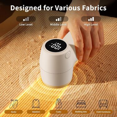 Електричний видальник для одягу та меблів, видалення ворсу, 6-лезове, перезаряджуваний, з цифровим дисплеєм, білий
