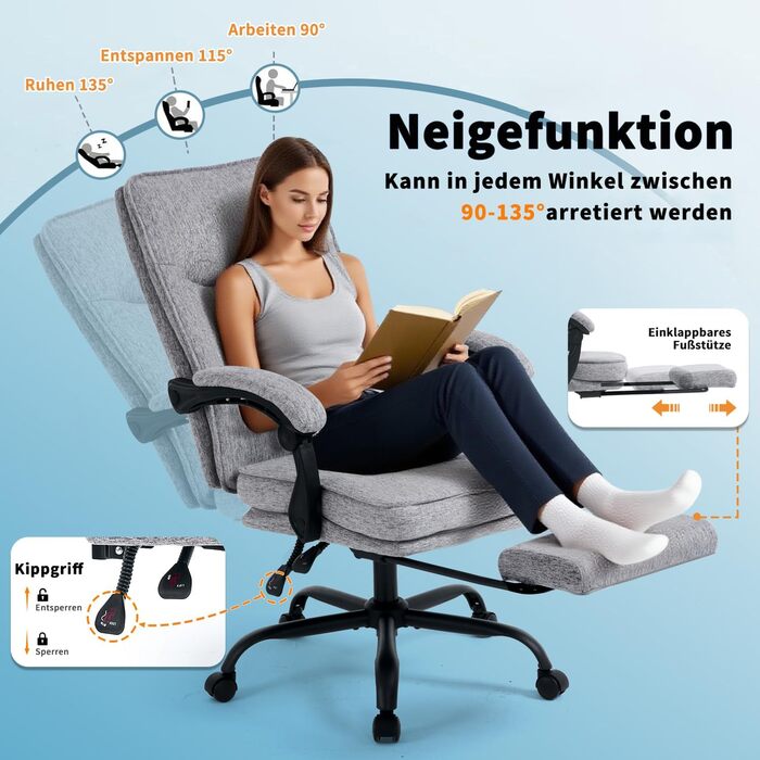 Ергономічне крісло для офісу: офісне крісло, крісло для начальника, комп'ютерне крісло з підніжкою та регульованою спинкою 90-135° для дому/офісу, сіре, тканина, 150 кг