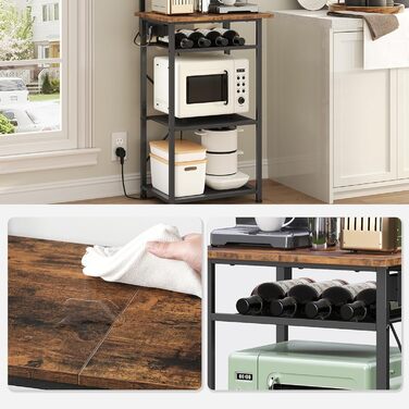 Стелаж для кухні з розетками, підлоговий, бакалійний, 35 x 48 x 135 см, 4 гачки, станція для кави з тримачем для пляшок та гачками, вінтажний коричневий та чорний ABRHR23UE01