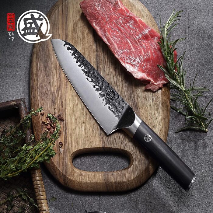 Японський ніж Santoku Mitsumoto Sakari 17 см, ручне ковадло, професійний (з ручкою з пакавуду)
