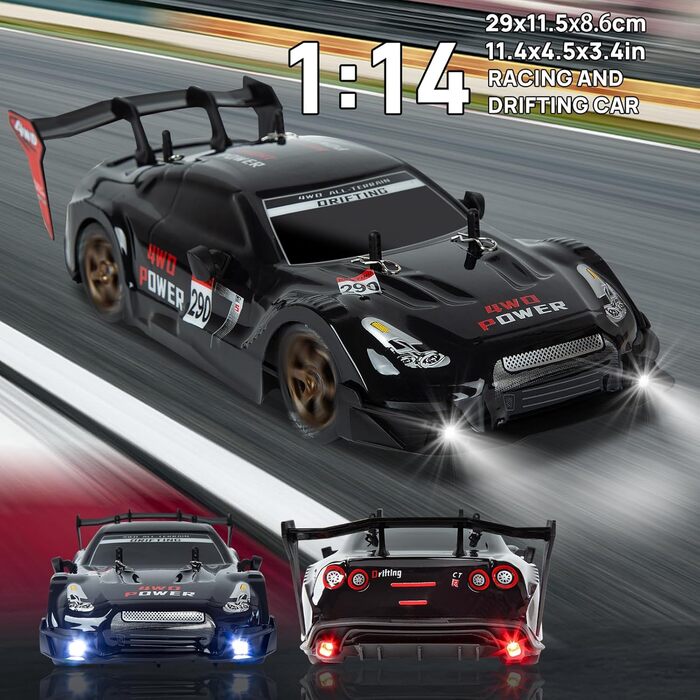 RC Автомобіль для дрифту 1:14 4WD GT – Радіокерування, пропорційний газ, чорний колір – Іграшка для дітей та дорослих