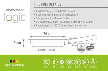 Сковорода Woll Diamond Logic XR Pro, діаметр 28 см, висота 5 см, знімний ручка з нержавіючої сталі, індукційна, для всіх типів плит, алюмінієвий лиття, антипригарне покриття, чорна, для духовки