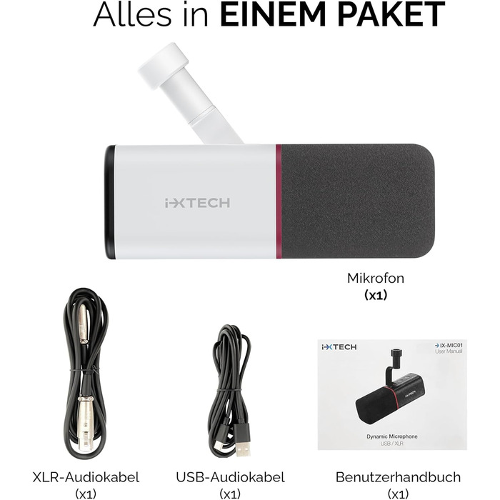IXTECH Динамічний мікрофон із кардіоїдною діаграмою, RGB підсвітка, USB/XLR, для співу, подкастів, стрімінгу, запису, ігор та озвучування, білий