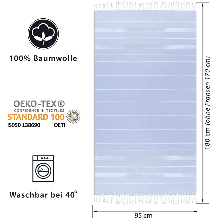 Комплект з 2 рушників laynenburg преміум-класу з бахромою ручної роботи - 100 бавовна - Пляжний рушник XXL 95X180 см-Oeko-TEX 100-Пляжний рушник великий розмір-рушник для сауни і дорожній рушник (2 шт., світло-блакитне)