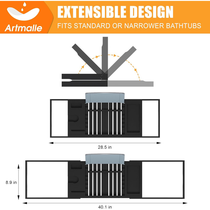 Підставка для ванни Artmalle: складаний бамбуковий столик з тримачем для книги та келиха, мильниця в подарунок, для розслаблення та читання, чорний