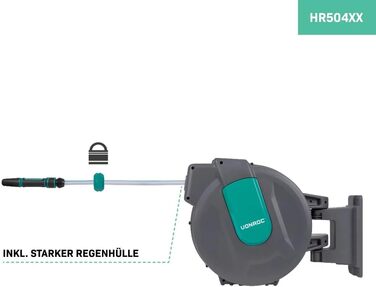 Шланг садовий VONROC 35 метрів з автоматичним згортанням та тримачем для стіни - Шланг на котушці, 180° поворот, зелений
