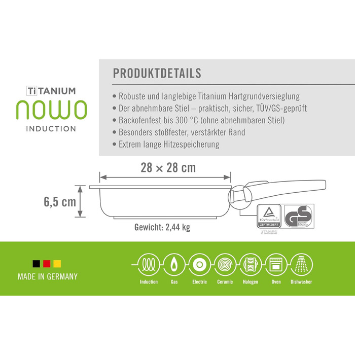 Сковорода-гриль Woll Nowo Titanium Guss квадратна, індукційна, з рифленням, 28x28 см, 6.5 см висота, знімний ручка, для всіх типів плит, алюмінієвий лиття, антипригарне покриття