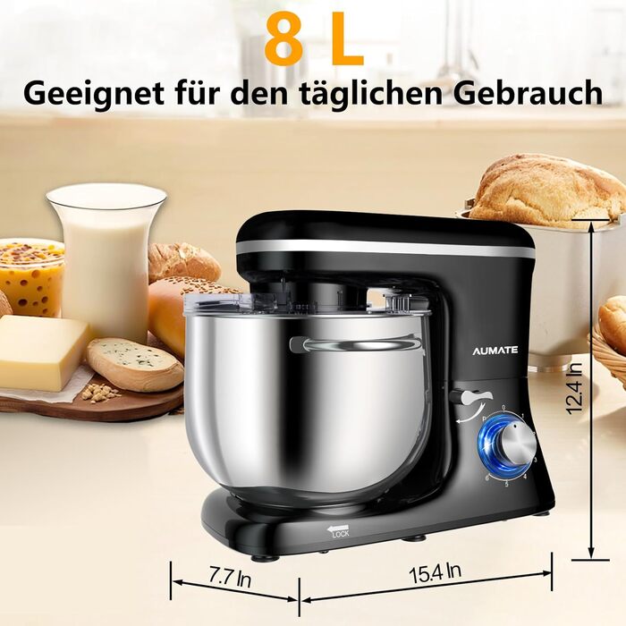 Кухонна машина AUMATE 1400W, 8 л, з міксером, гаком для тіста та вінчиком, 6 швидкостей, чорний колір