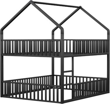 Двоярусне ліжко 140x200 см для 2 дітей, з будиночком, сходами та дверцятами, металеве, з захистом від падіння та ламелями (чорне)
