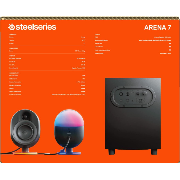 SteelSeries Arena 7 - 2.1-канальна акустична система для геймінгу з RGB підсвічуванням, чорна