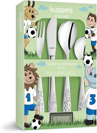 Набір дитячого столового прибору Kinderbesteck з гравіюванням 'BALLFREUNDE', 4 шт. з іменем, з нержавіючої сталі