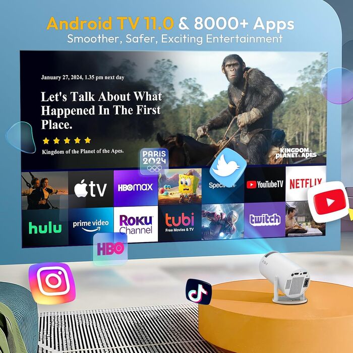 Проектор Xgody Gimbal 3 New: 12000 Люмен, Android 11.0, WiFi 6, Bluetooth, Auto Keystone, Підтримка 4K 1080P, 720P HD, для домашнього кінотеатру (білий)