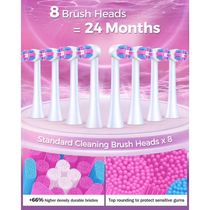Електрична зубна щітка для дорослих Rotierende з 8 насадками, 4 режимами чищення, акумулятором на 60 днів та розумним таймером 2 хв - Професійна електрична щітка (Рожева)