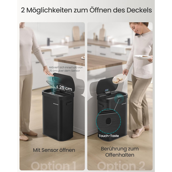 SONGMICS Сміттєве відро з сенсором, автоматичне, 50 л, відкриття рухом руки/дотиком, Softclose-кришка, сталь, 15 мішків, чорний LTB640B02