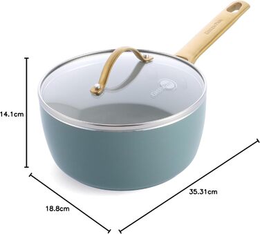 Каструля GreenPan Padova Reserve з нержавіючої сталі з антипригарним покриттям Hartelox, 18 см, 2 л, з кришкою з термостійкого скла, без PFAS, для індукційних плит, з золотим ручками, придатна для миття в посудомийній машині та випікання, колір Димчастий 