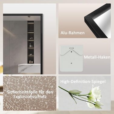 Дзеркало настінне Spiegel 40x160 см, повноекранне з рамою, підлогове для спальні, вітальні або ванної кімнати, прямокутне, алюмінієва рама (чорний)