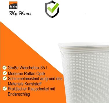 Кошик для білизни HRB Ротанг 65л, пластик, з кришкою, сортувальник білизни (білий)